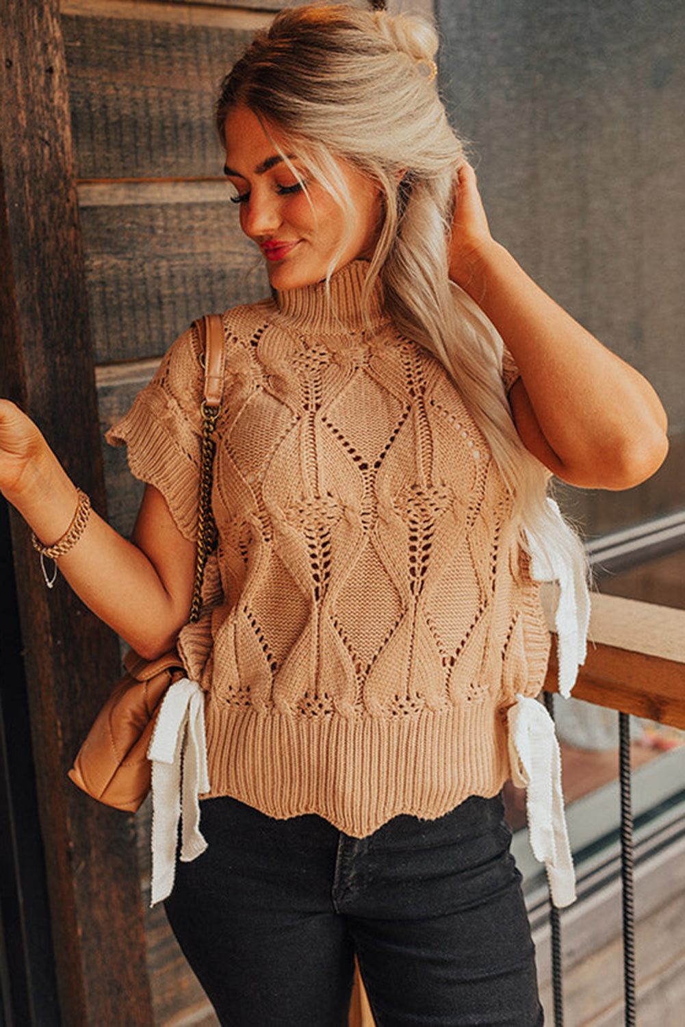 Flaxen Hollowed Knit Scalloped Trim High Neck Sweater Sweaters & Cardigans JT's Designer Fashion
