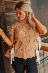 Flaxen Hollowed Knit Scalloped Trim High Neck Sweater Sweaters & Cardigans JT's Designer Fashion