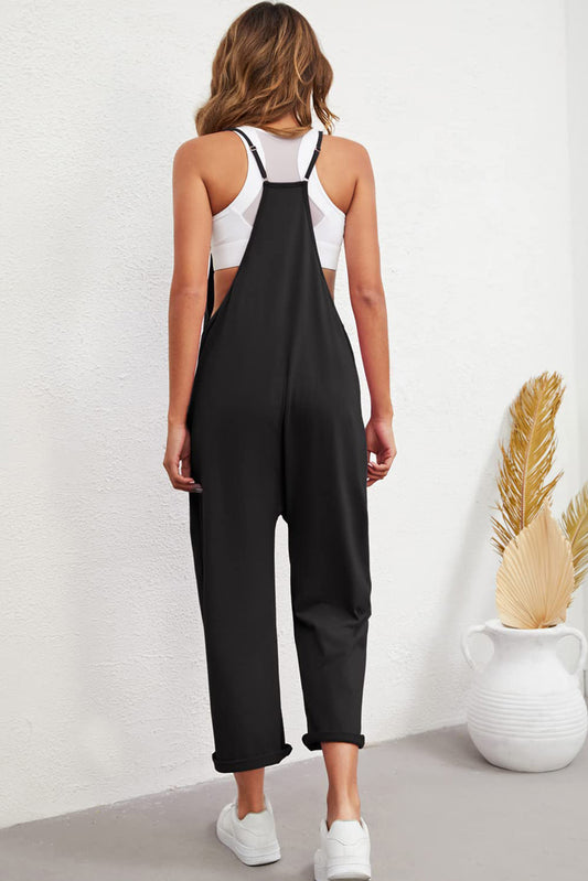 Black Pocketed Adjustable Spaghetti Strap Straight Leg Jumpsuit Jumpsuits & Rompers JT's Designer Fashion