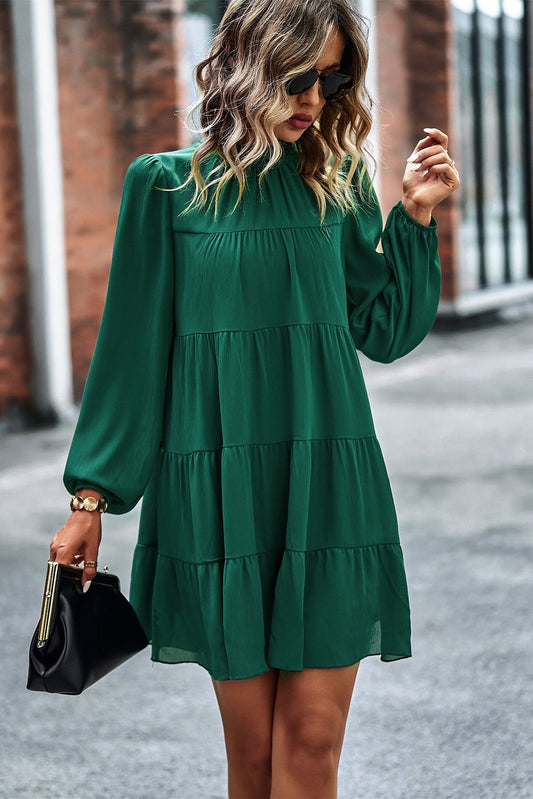 Green Puff Sleeve Mock Neck Back Knot Tiered Dress Mini Dresses JT's Designer Fashion