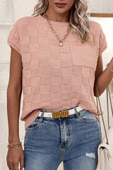 Dusty Pink Lattice Textured Knit Short Sleeve Baggy Sweater Sweaters & Cardigans JT's Designer Fashion