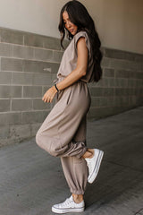 Light French Beige Cap Sleeve Open Back Drawstring Jogger Jumpsuit Bottoms JT's Designer Fashion