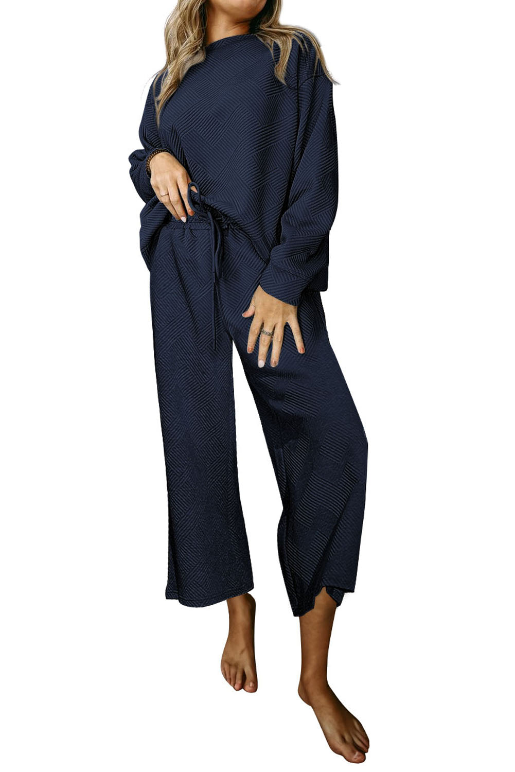 Navy Blue Gray Ultra Loose Textured 2pcs Slouchy Outfit Bottoms JT's Designer Fashion