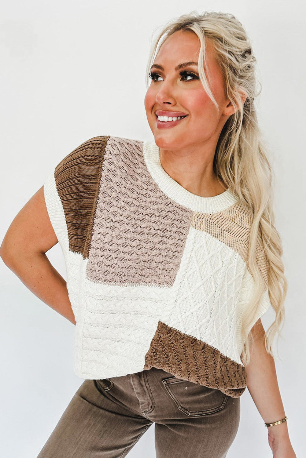 Multicolor Mixed Patterned Colorblock Textured Sweater Vest Sweaters & Cardigans JT's Designer Fashion