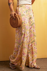 Yellow Thigh High Split Wide Leg Floral Pants Bottoms JT's Designer Fashion