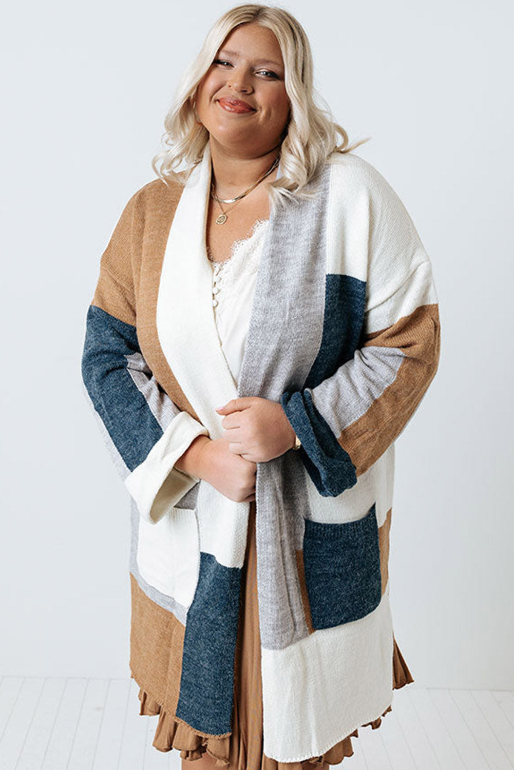 Multicolor Plus Size Colorblock Knit Cardigan Plus Size JT's Designer Fashion