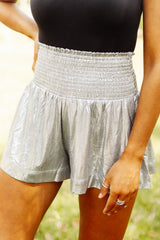Gray Metallic Sheen Smocked High Waist Shorts Casual Shorts JT's Designer Fashion