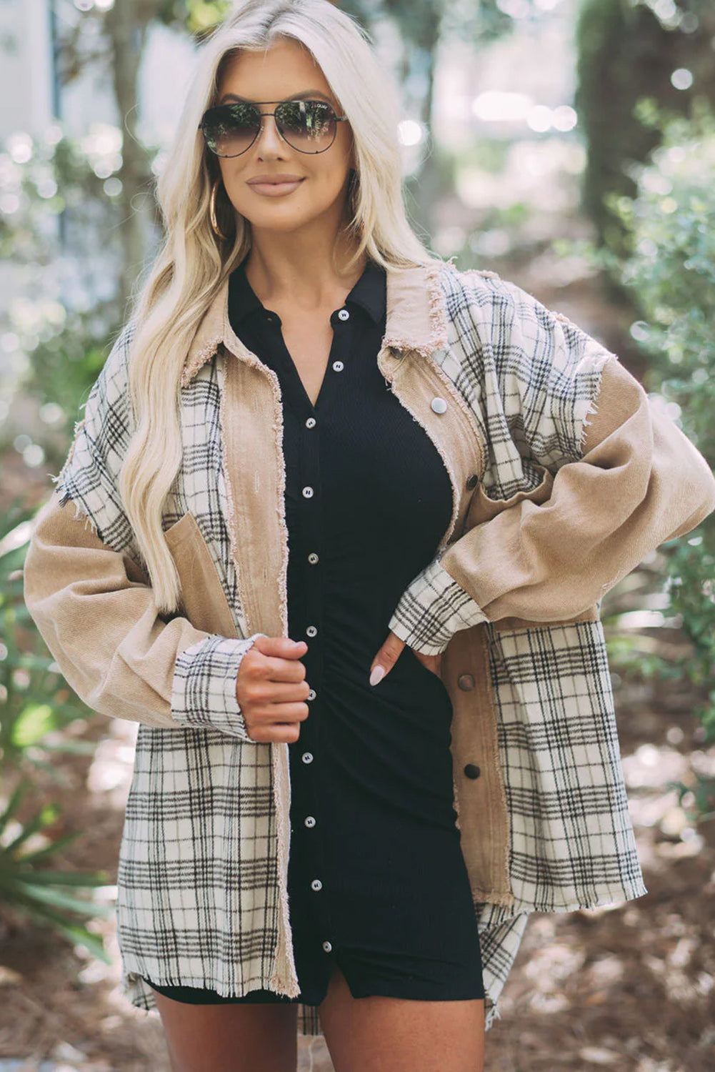 Khaki Distressed Raw Edge Plaid Patchwork Denim Jacket Denim jackets JT's Designer Fashion