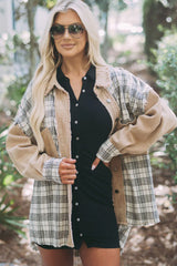 Khaki Distressed Raw Edge Plaid Patchwork Denim Jacket Denim jackets JT's Designer Fashion