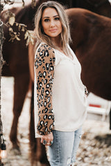 Beige Printed Plus Waffle Knit Contrast Leopard Long Sleeve Top Plus Size JT's Designer Fashion