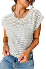 White Hollow Out Knit Cap Sleeve Sweater Top Sweaters & Cardigans JT's Designer Fashion