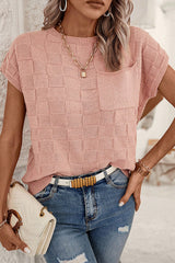Dusty Pink Lattice Textured Knit Short Sleeve Baggy Sweater Sweaters & Cardigans JT's Designer Fashion