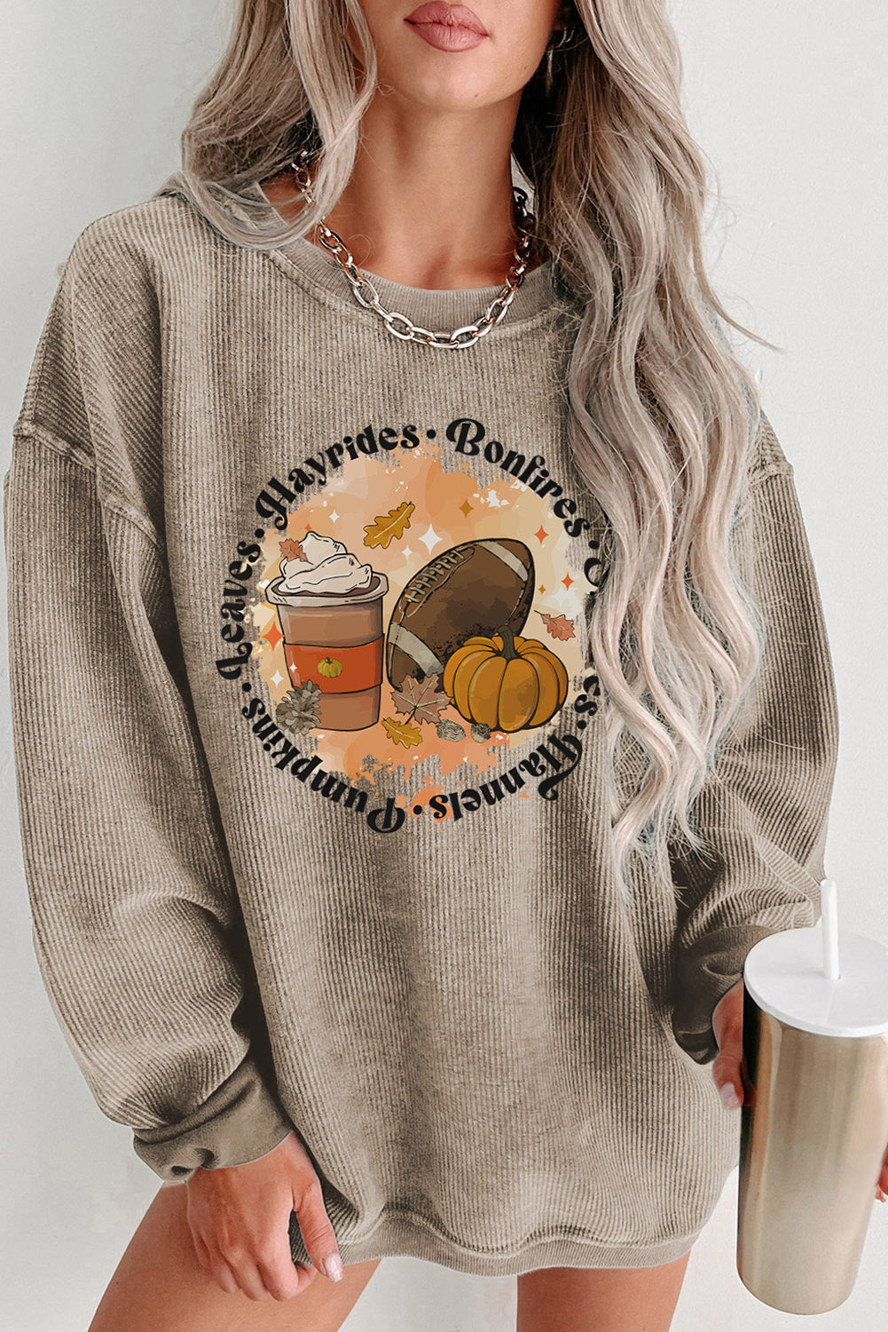Khaki Oversized Autumn Vibe Graphic Corded Sweatshirt Khaki 100%Polyester Graphic Sweatshirts JT's Designer Fashion
