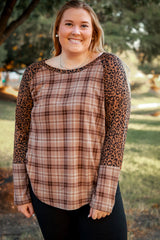 Chestnut Plus Size Leopard Raglan Sleeve Plaid Top Plus Size JT's Designer Fashion
