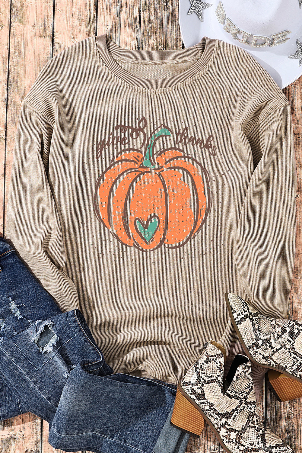 Khaki Give Thanks Pumpkin Graphic Corded Sweatshirt Graphic Sweatshirts JT's Designer Fashion