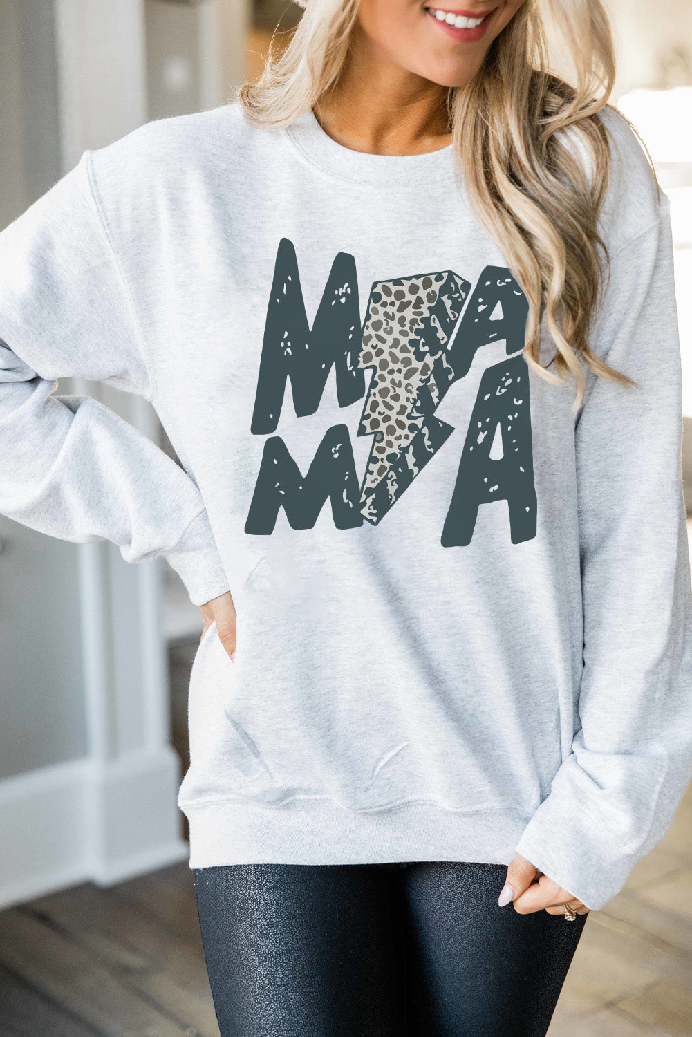 Gray MAMA Lightning Leopard Print Long Sleeve Sweatshirt Gray 70%Polyester+30%Cotton Graphic Sweatshirts JT's Designer Fashion