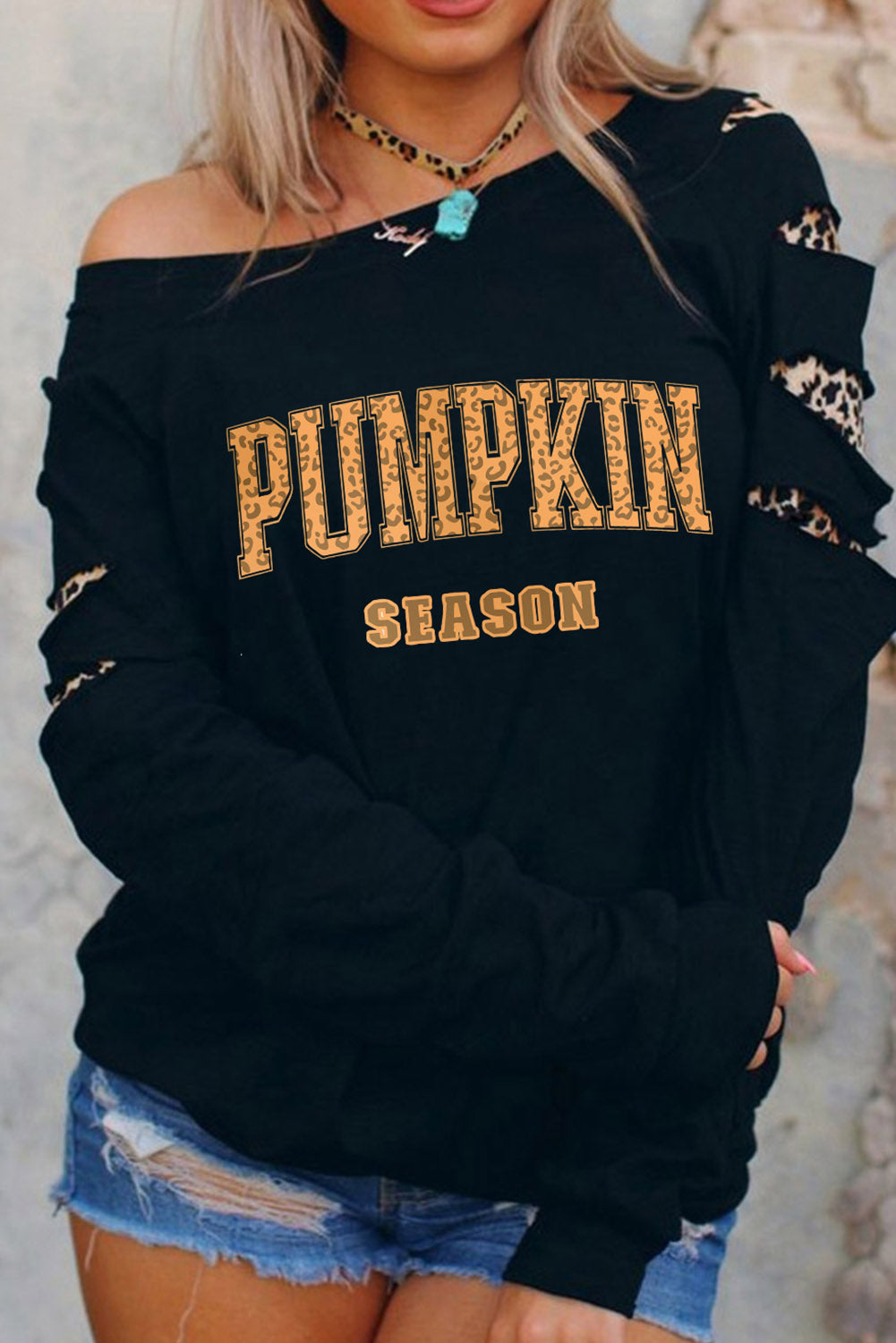 Black Leopard PUMPKIN SEASON Graphic Ripped Sleeve Sweatshirt Black 95%Polyester+5%Spandex Graphic Sweatshirts JT's Designer Fashion