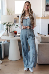 Beau Blue Light Wash Frayed Exposed Seam Wide Leg Denim Overall Jumpsuits & Rompers JT's Designer Fashion