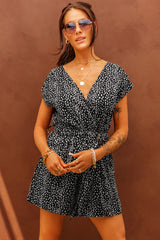 Black Leopard Print Belted V Neck Short Sleeve Romper Black 100%Polyester Jumpsuits & Rompers JT's Designer Fashion