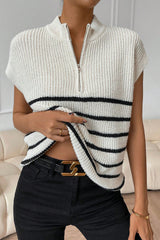 White Stripe Half Zip Split Neck Sweater Vest Sweaters & Cardigans JT's Designer Fashion