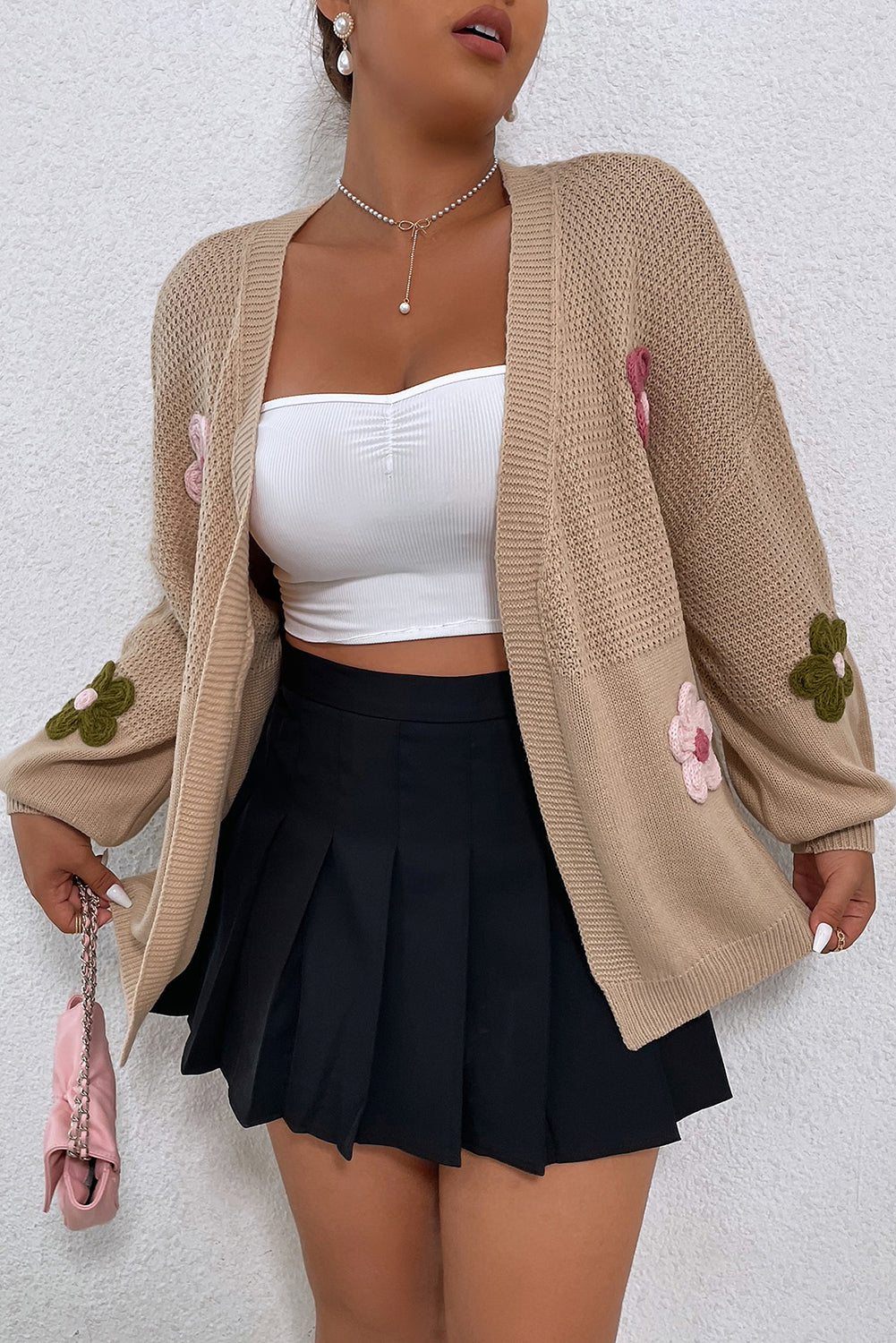 Smoke Gray Floral Applique Drop Shoulder Bubble Sleeve Cardigan Sweaters & Cardigans JT's Designer Fashion