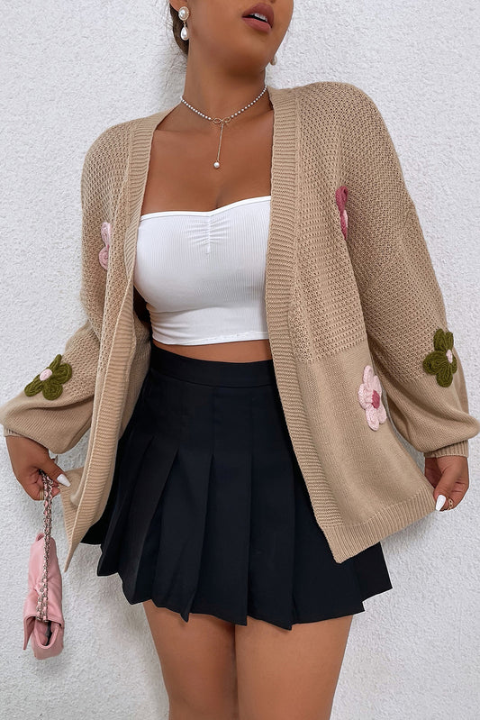 Smoke Gray Floral Applique Drop Shoulder Bubble Sleeve Cardigan Sweaters & Cardigans JT's Designer Fashion