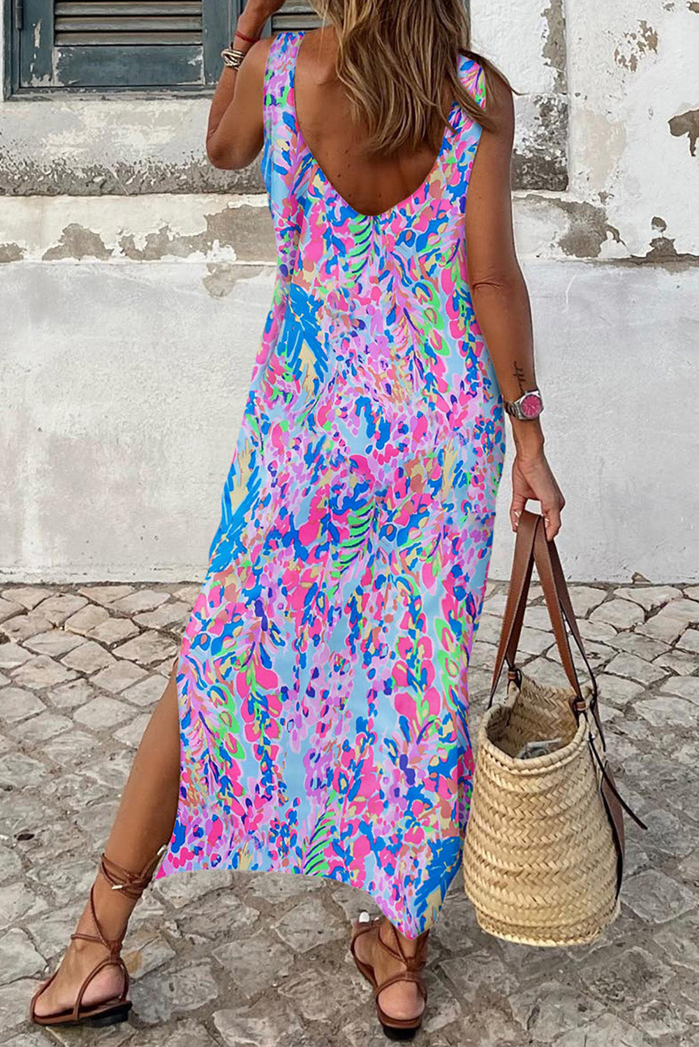 Purple Abstract Floral Print Sleeveless Long Dress Maxi Dresses JT's Designer Fashion