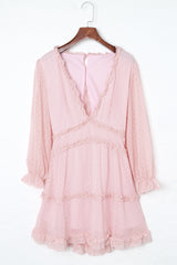 Pink Layered Ruffled Open Back Puff Sleeve Swiss Dot Mini Dress Mini Dresses JT's Designer Fashion