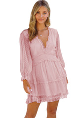 Pink Layered Ruffled Open Back Puff Sleeve Swiss Dot Mini Dress Mini Dresses JT's Designer Fashion