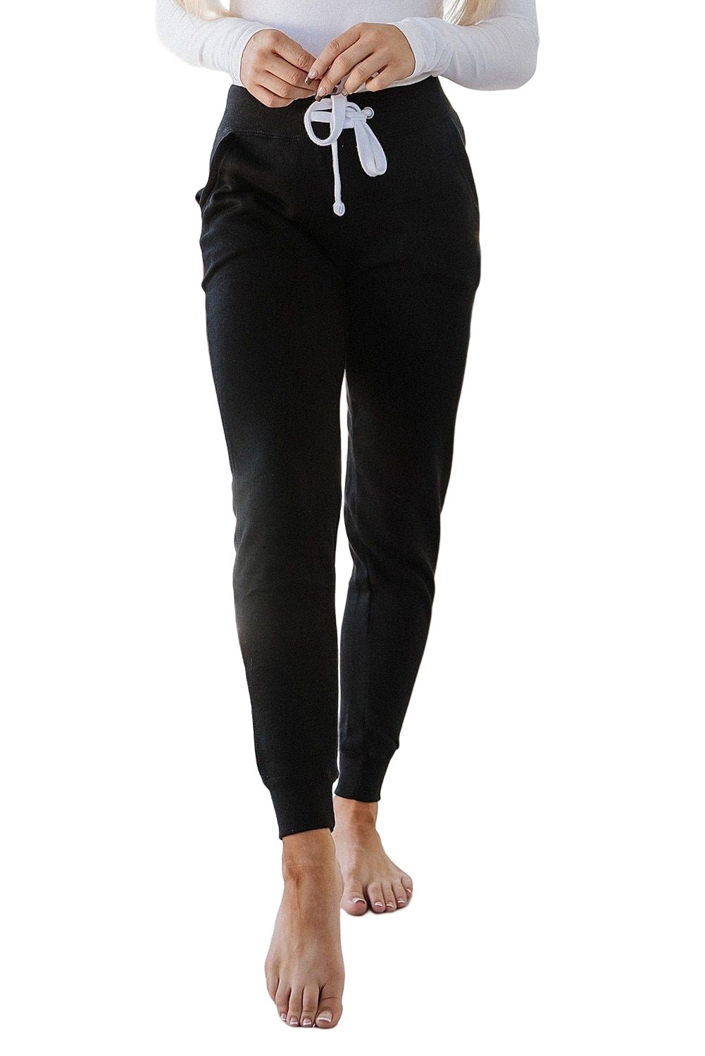 Black Drawstring Waist Pocketed Joggers Bottoms JT's Designer Fashion