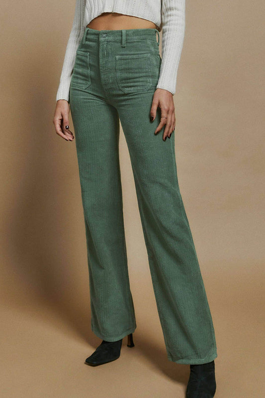 Green Square Pockets Flare Leg Corduroy Pants Bottoms JT's Designer Fashion