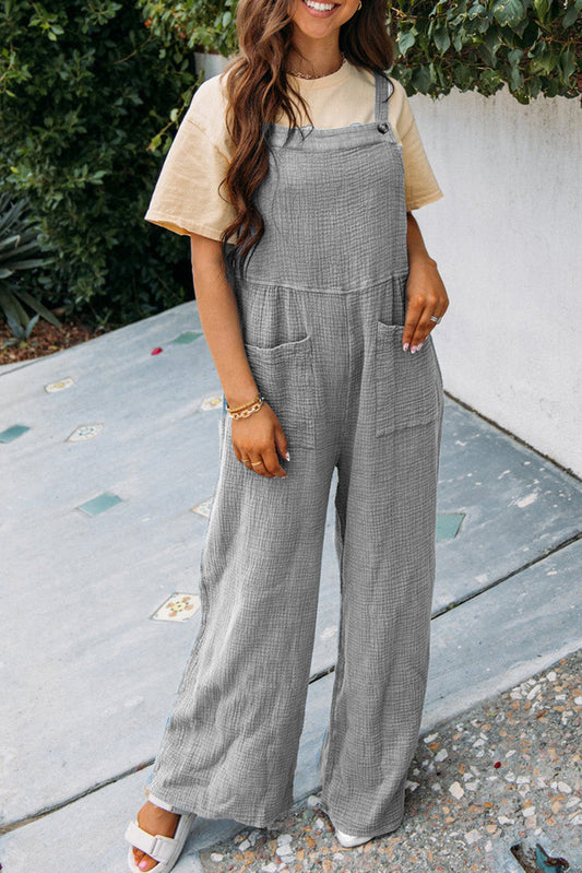 Gray Textured Wide Leg Overall with Pockets Bottoms JT's Designer Fashion