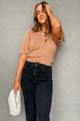 Light French Beige Fuzzy Short Sleeve Sweater Sweaters & Cardigans JT's Designer Fashion