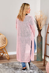 Pink Sheer Knitted Long Side Slit Plus Size Cardigan Plus Size JT's Designer Fashion