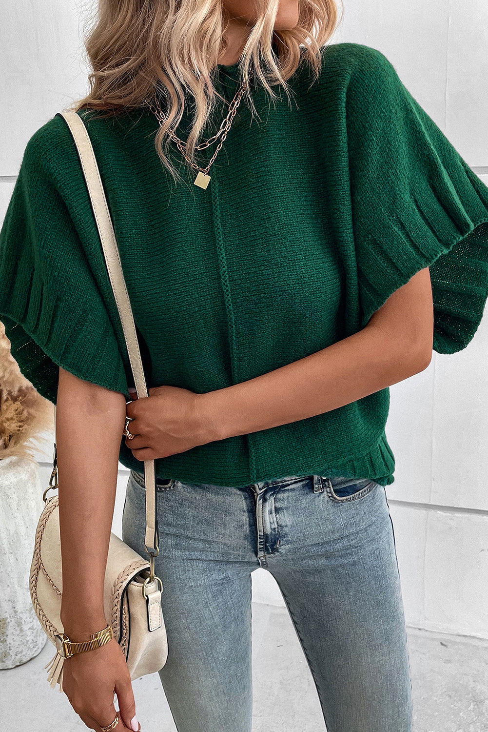 Blackish Green Mock Neck Batwing Sleeve Knit Sweater Sweaters & Cardigans JT's Designer Fashion