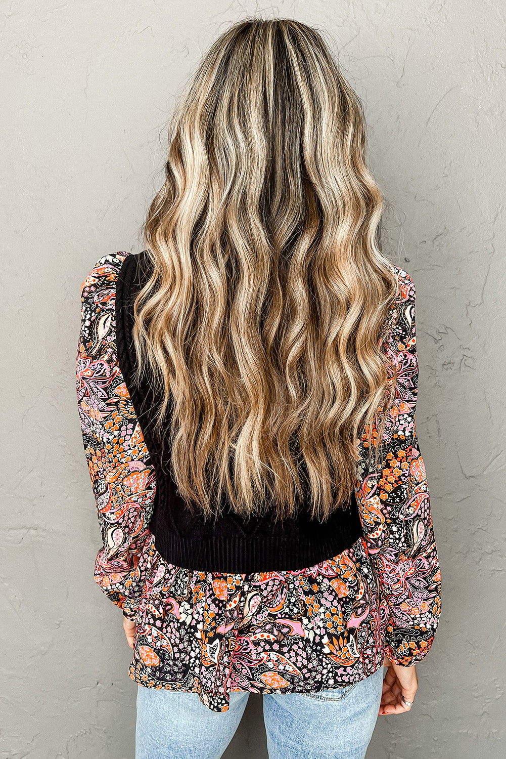 Black Cable Knit Contrast Floral Sleeve Peplum Sweater Sweaters & Cardigans JT's Designer Fashion