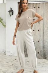 Apricot khaki Patch Pocket Loose Short Sleeve Sweater Sweaters & Cardigans JT's Designer Fashion