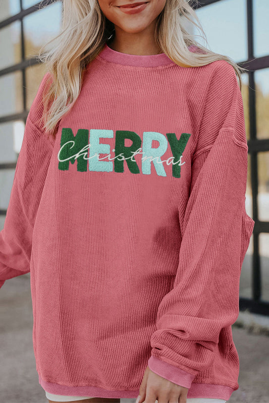 Strawberry Pink MERRY Christmas Corded Pullover Sweatshirt Graphic Sweatshirts JT's Designer Fashion