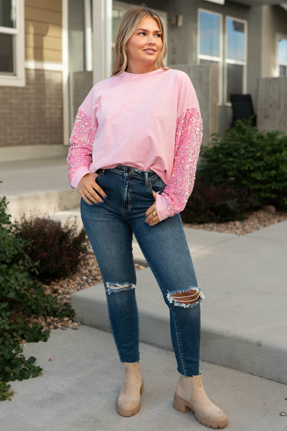 Pink Plus Size Sequin Sleeve Drop Shoulder Sweatshirt Plus Size JT's Designer Fashion