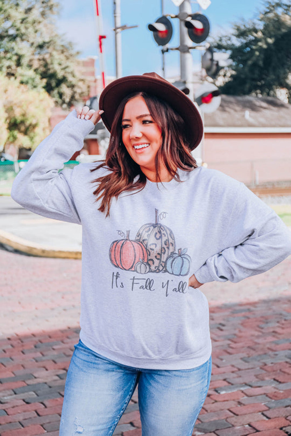 Gray Pumpkin Graphic Plus Size Pullover Sweatshirt Plus Size JT's Designer Fashion
