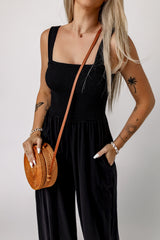 Black Smocked Sleeveless Wide Leg Jumpsuit with Pockets Jumpsuits & Rompers JT's Designer Fashion