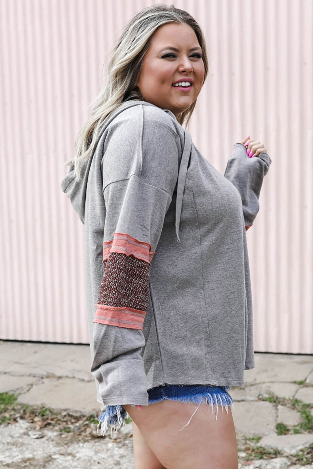Gray Contrast Patched Sleeve Plus Size Hoodie Plus Size JT's Designer Fashion
