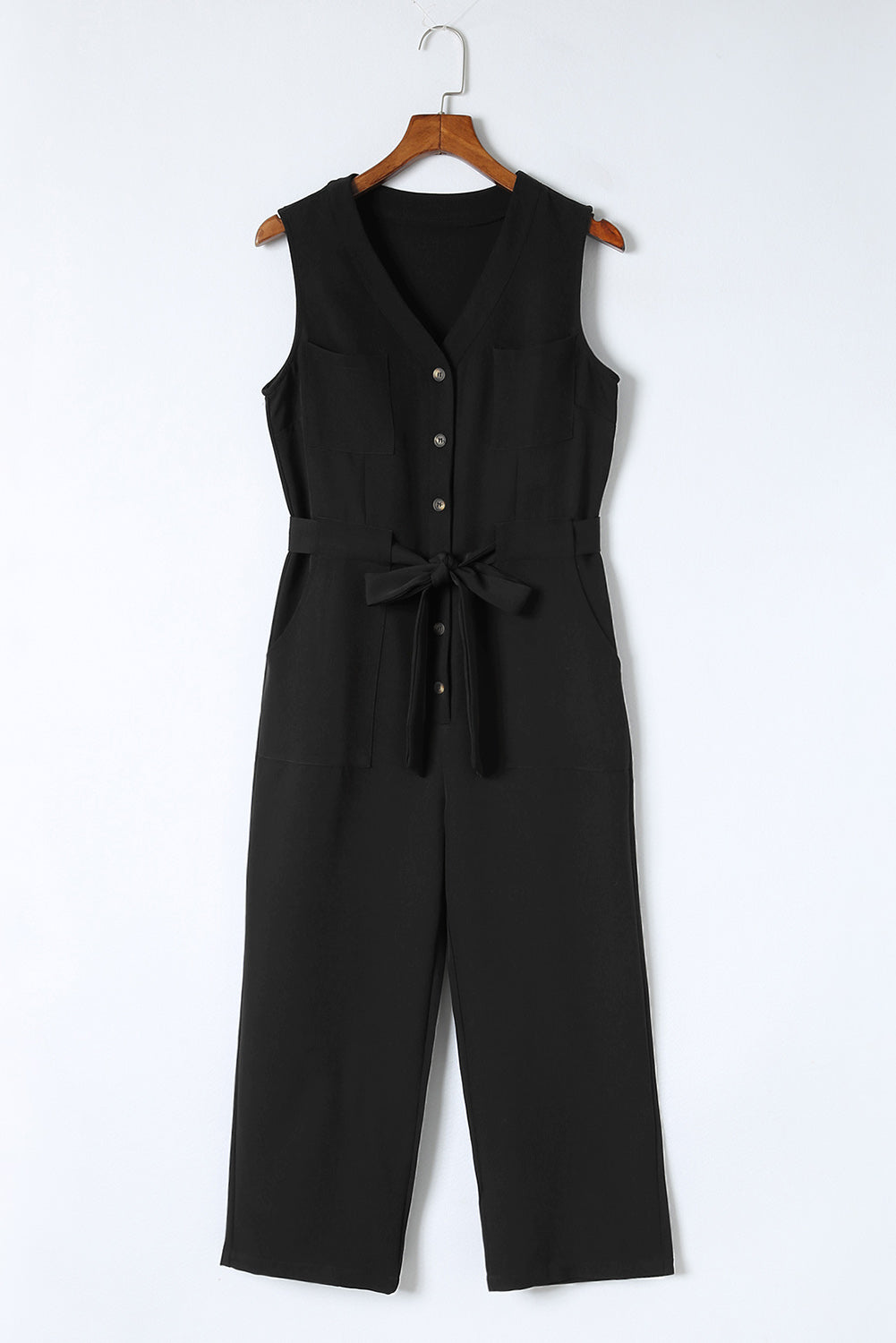 Black Buttoned Sleeveless Cropped Jumpsuit with Sash Jumpsuits & Rompers JT's Designer Fashion
