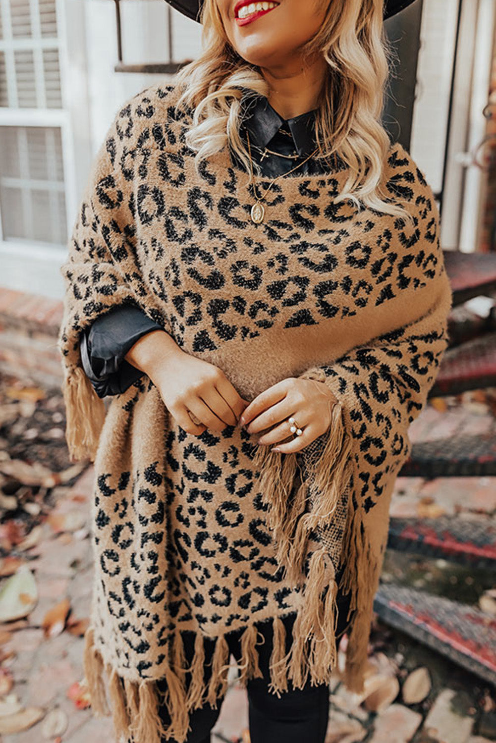 Leopard Plus Size Tasseled Hem Draped Poncho Plus Size JT's Designer Fashion