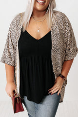 Khaki Plus Size Leopard Round Hem Short Sleeve Open Cardigan Plus Size JT's Designer Fashion