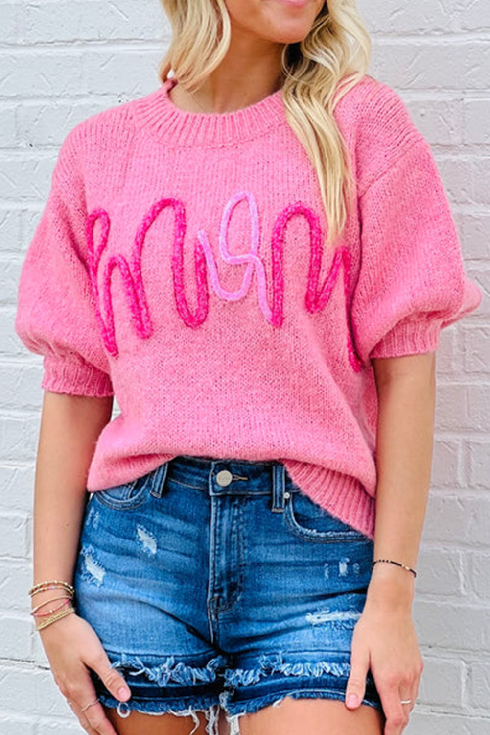 Bonbon Mom Corded Graphic Short Sleeve Sweater Sweaters & Cardigans JT's Designer Fashion