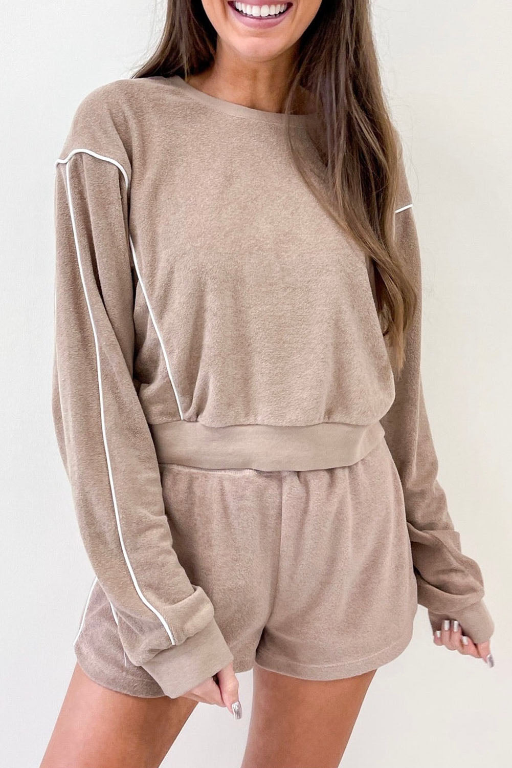 Khaki Exposed Seam Long Sleeve High Waist Shorts Set Bottoms JT's Designer Fashion