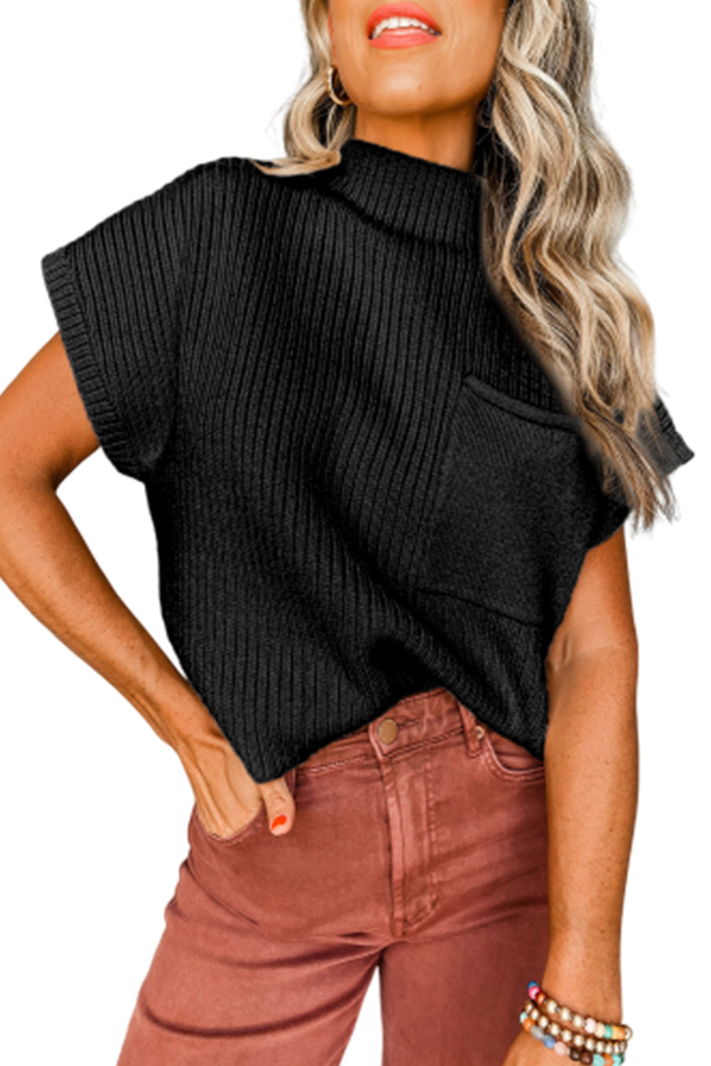 Black Patch Pocket Ribbed Knit Short Sleeve Sweater Sweaters & Cardigans JT's Designer Fashion