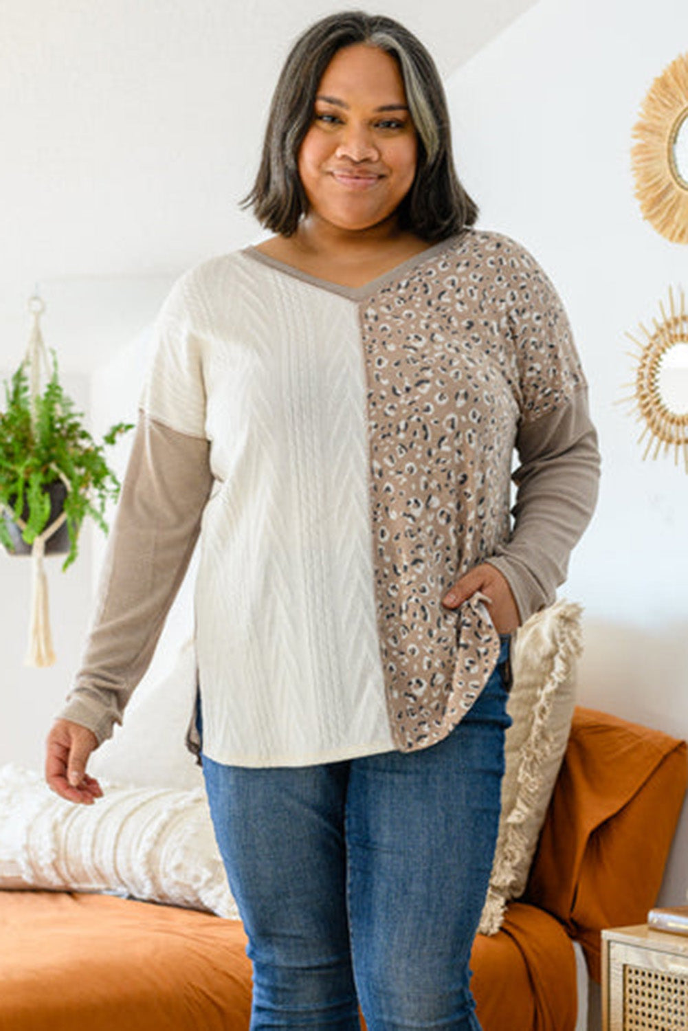 Gray Plus Size Leopard Patchwork Mix Knit Long Sleeve Top Plus Size JT's Designer Fashion