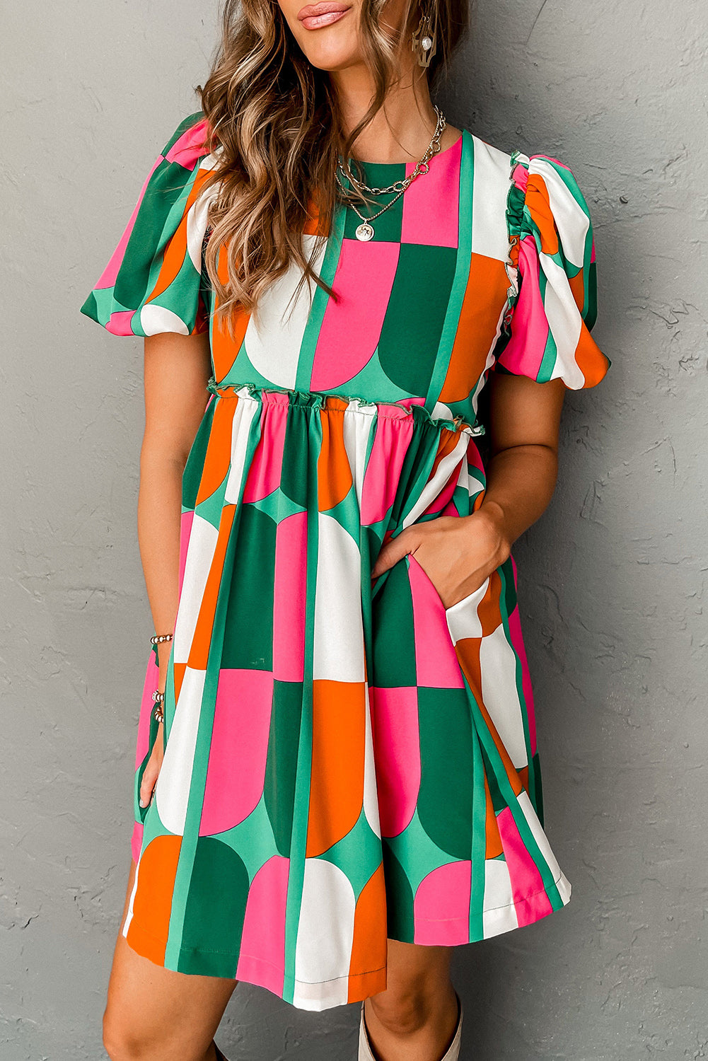 Green Abstract Print Puff Sleeve Short Dress Dresses JT's Designer Fashion